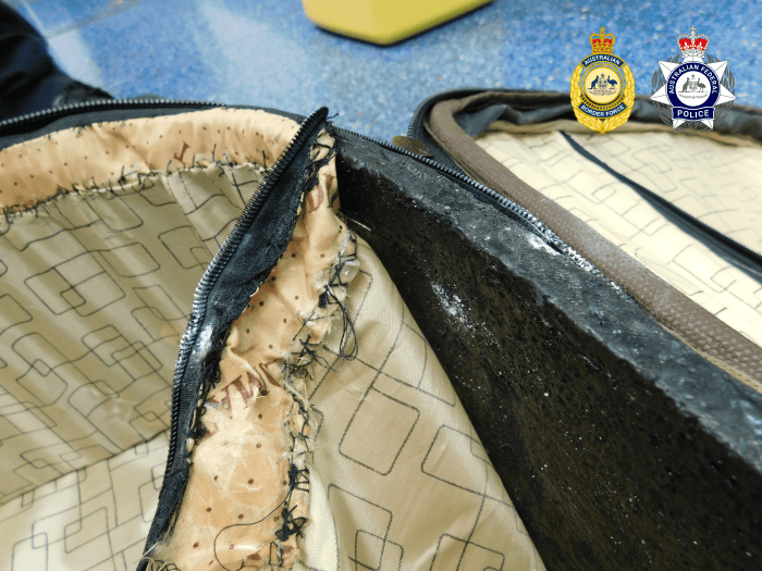 Drugs concealed within the lining of the passengers suitcase.