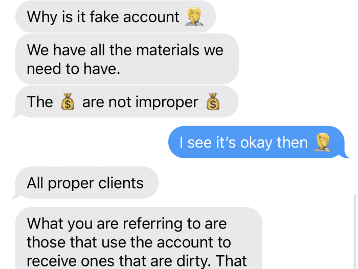Text messages between criminal and money mule