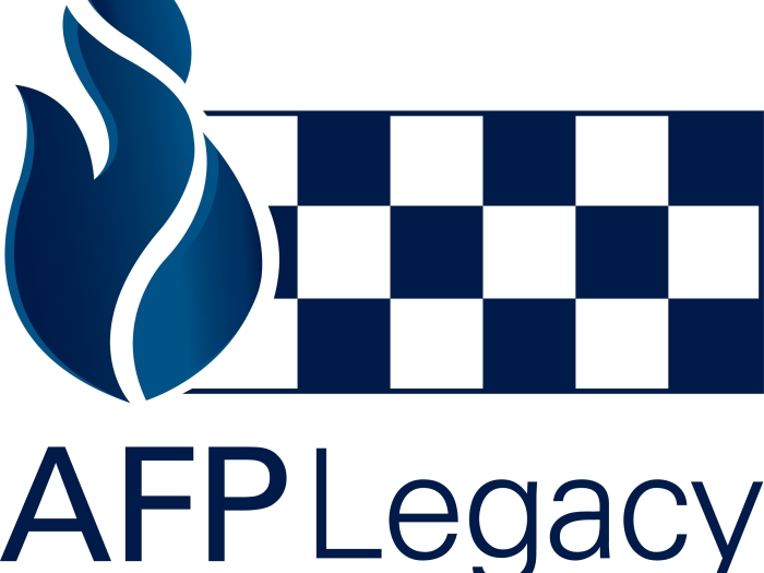 The AFP Legacy logo, a fire in front of police chequers 