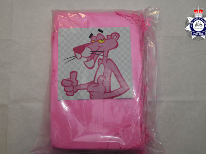 A brick of cocaine wrapped in pink plastic with a picture of the Pink Panther on the front 