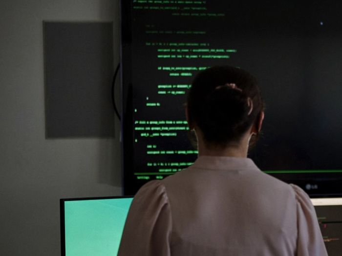 A silhouette of a person with short hair wearing a purple top, viewed from behind whilst working at a computer workstation. Green code is displayed on a dark screen, suggesting programming or data analysis work in a dimly lit environment.