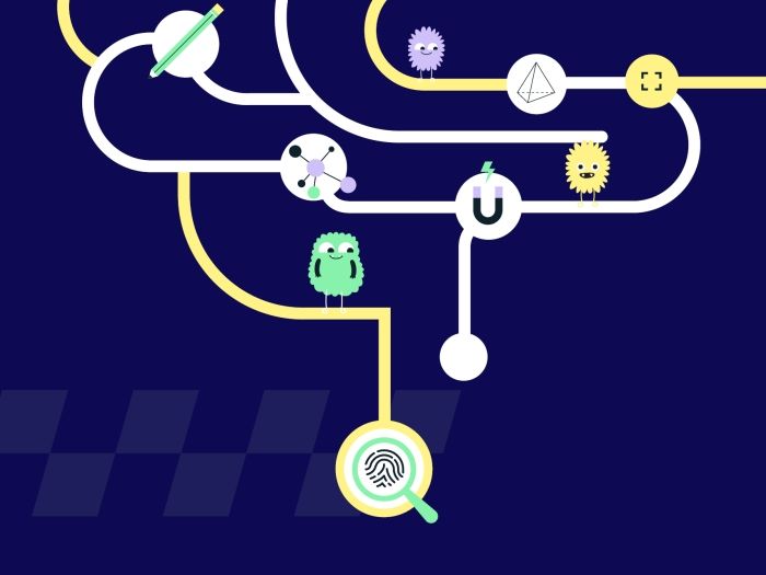 Illustration showing interconnected science and technology concepts, including a magnet, fingerprint, molecule, geometric shape and cartoon characters connected by pathways.