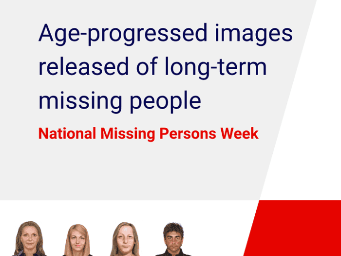 Missing person flyer showing age-progressed images of missing people