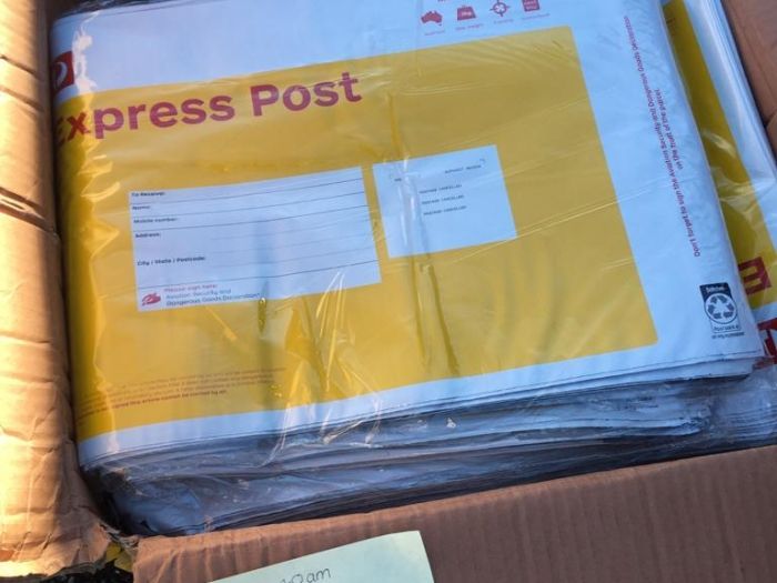 Box of counterfeit Auspost satchels