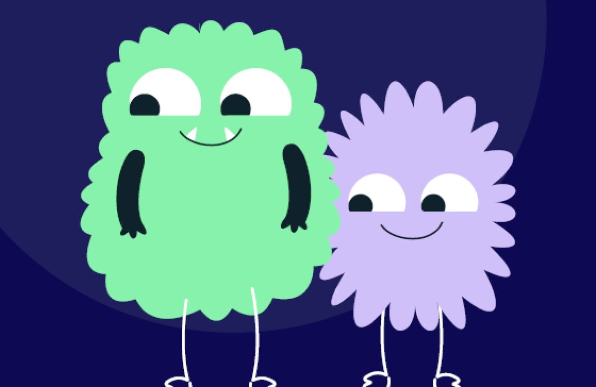 Illustration of two cartoon-style furry characters, one green and one purple, standing side by side against a dark blue background.