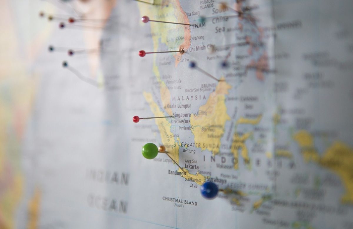 Map with pins stuck in it, indonesia and south east asia