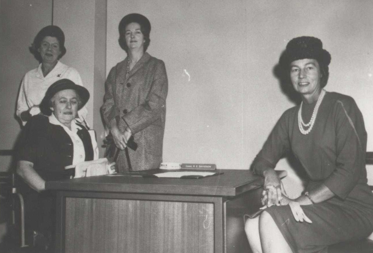 Circa 1957 - Senior Constable Alice Clarke, the first ACT Policewoman, flanked by Constable Joan Coleman (standing left), Constable Robyn Davidson (standing right) and Sergeant Gladys Johnson (seated right) AFPMRN368 