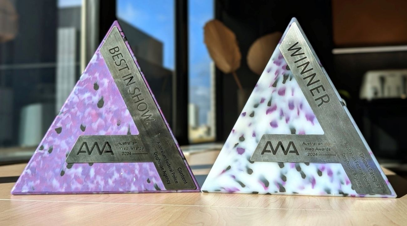 Trophies for the website awards, Best in Show and winner of the drupal category 2024