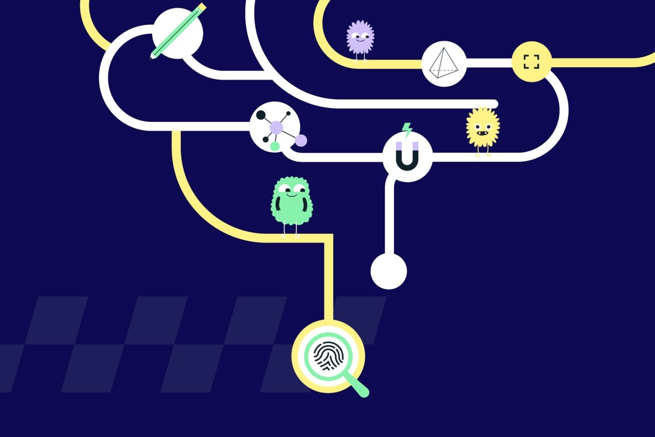 Illustration showing interconnected science and technology concepts, including a magnet, fingerprint, molecule, geometric shape and cartoon characters connected by pathways.