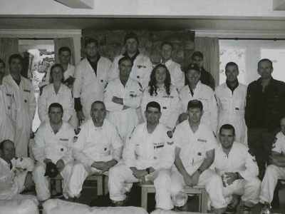 Members of the AFP rescue team at Thredbo included: Back: Steve Sargent, Mark Laing, TIm Roberts, Cameron Mitter, Gavin Thomas. Middle: Peter Laidlaw, Rodger Braun, Kate Fitzpatrick, Ian Whyte, Val and Rob Fraser (Crackenback Lodge owners) Warren Williamson, Gavin Kearny. Front: Steve Neuhaus, Rod Anderson, Bob Weise, Mick Travers, Mark Usback, Rod Carter, Peter Davis. Photo: Mick Travers