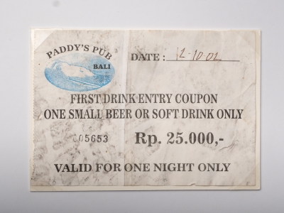 Coupon recovered from ‘Paddy's Pub’, by an AFP investigator following the 2002 bombings in the Kuta tourist district of Bali (AFPM11455)