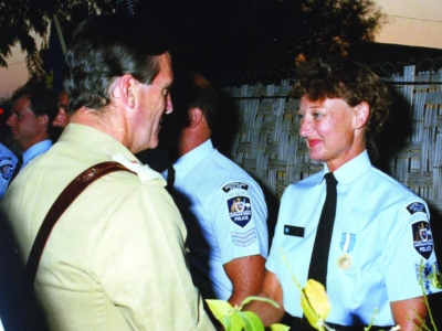 A UN medal parade in Nicosia, Cyprus, in 1988. Receiving her medal is Sergeant Kathy Burdett, the first female Australian police officer to deploy overseas on a United Nations peacekeeping operation