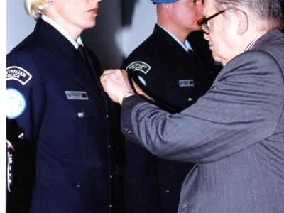 Australian police officers receiving a UN campaign medal for their service as part of the United Nations Peacekeeping Force in Cyprus, in 2000