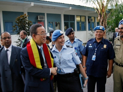 The then United Nations Secretary General Ban Ki-Moon, with police peacekeepers from Australian and other nations, in Timor-Leste