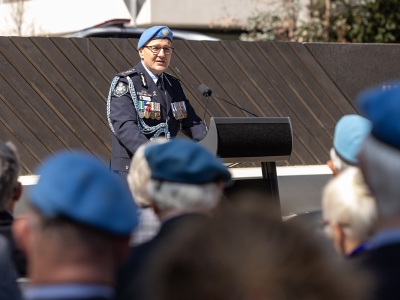 AFP Commissioner Reece P Kershaw speaking at the 60 Years of police peacekeeping memorial service at the National Peacekeepers Memorial in Canberra.