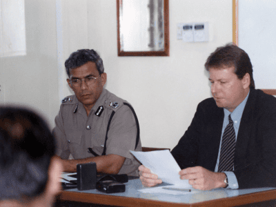 Fiji Police Commissioner Moses Driver and Bruce Giles during a media conference.